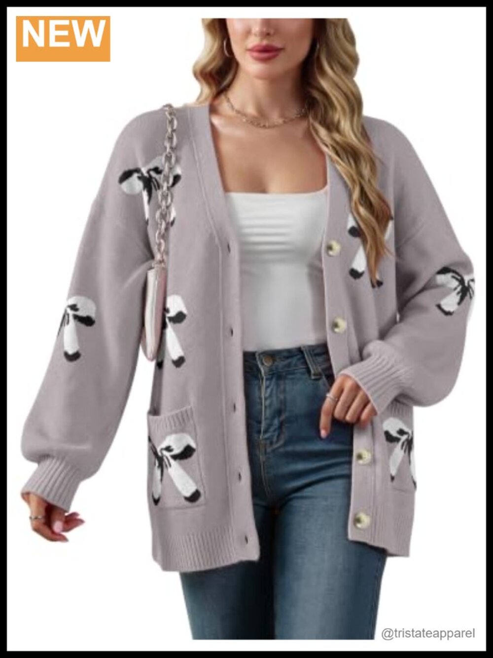 Womens Oversized Bow Jacquard Button Long Sleeve Cardigan Sweater